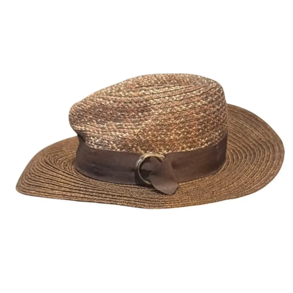 Goorin Bros Wide Brim Straw Hat Brown Ribbon with Tortoise Shell Buckle Medium